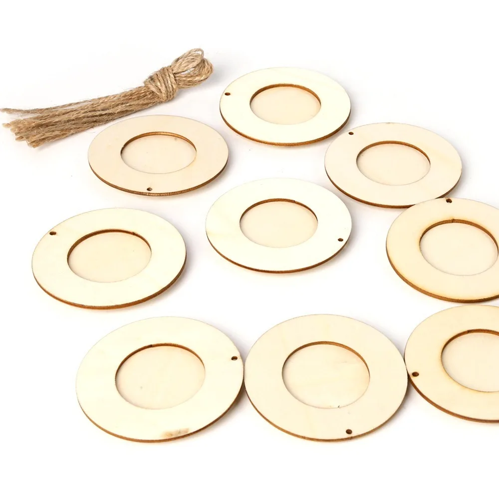 10Pcs Set Wood Mini Photo Frame 3.94in Scrapbooking Size Round Wooden Frame Round Shape Hanging Rope Picture Holder