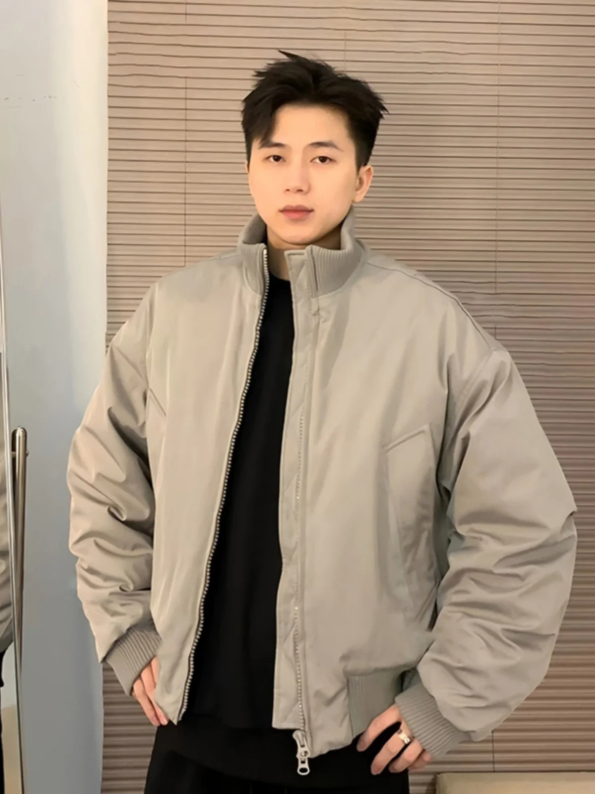 

Light ey Flight Jaet Men's Winter ort Wide Sle Stand Collar Coat Cleanfit Cotton Baseball orm Outerwear