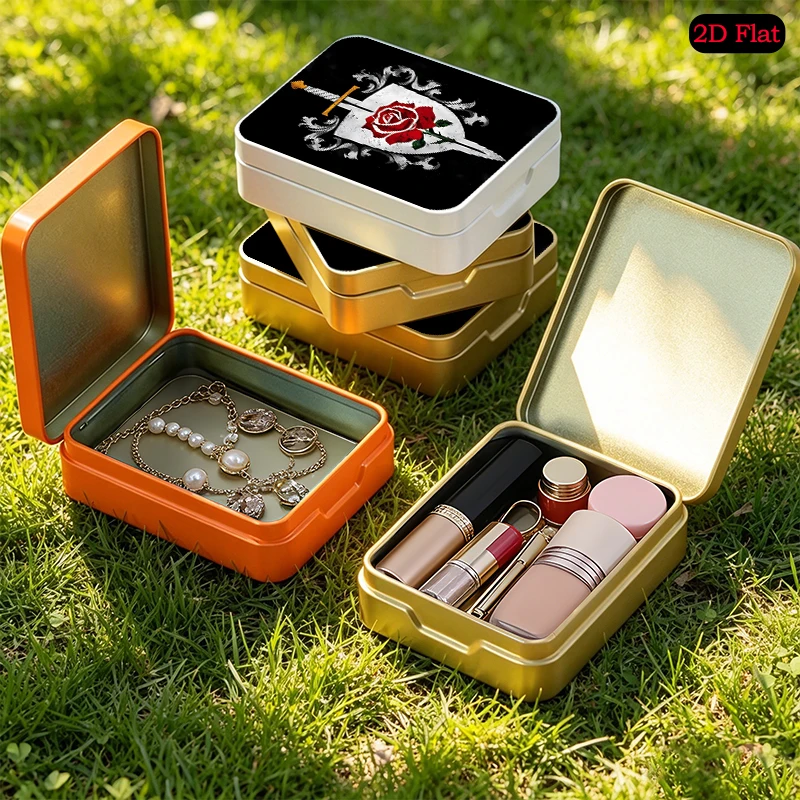Sword and Rose Heraldic Emblem Theme Portable Square Flip Top Tin Box, UV Printed Custom Pattern Tinplate Box