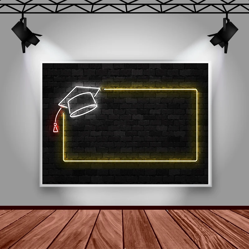 Glückwünsche Abschluss Hintergrund Fotografie Bachelor Hut schwarz Backstein mauer Neon Dekoration Kind Porträt Fotostudio