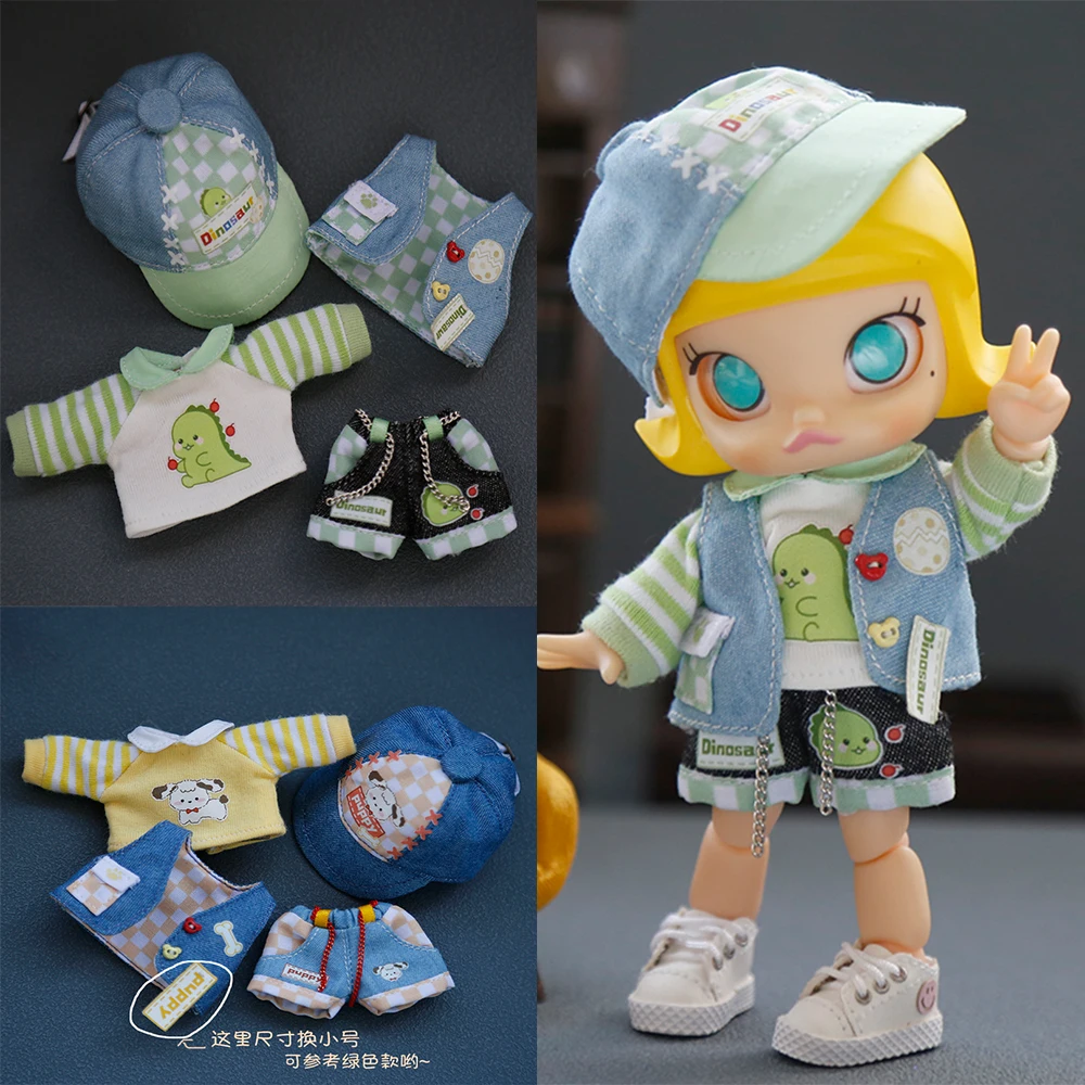 Cartoon Pattern Suit OB11 Doll Clothes Set Long Sleeved T-shirt Cowboy Vest Short Pants Cap For Penny Molly GSC 1/12 BJD UF Doll