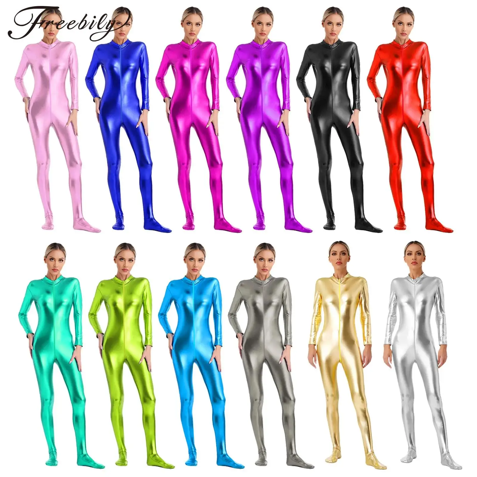 Women's Shiny Zentai Metallic Jumpsuit Mock Neck Long Sleeve Zipper Full Body Unitard Tights for Costumes Performance Clubwear