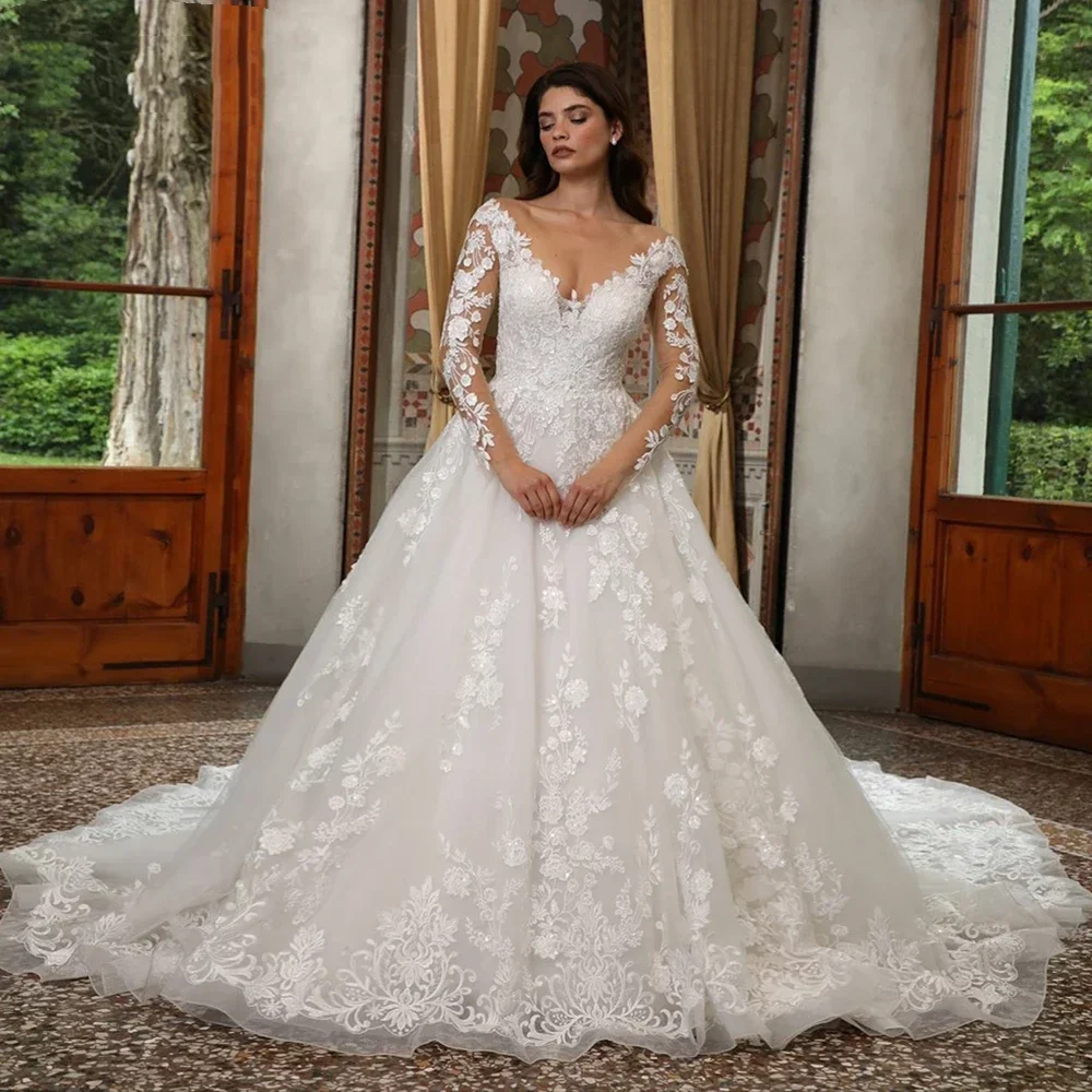 

Customized Tulle Wedding Dresses V-Neck A-Line Lace Appliques Long Sleeves robe de mariée Bridal Gowns Vestido De Novia