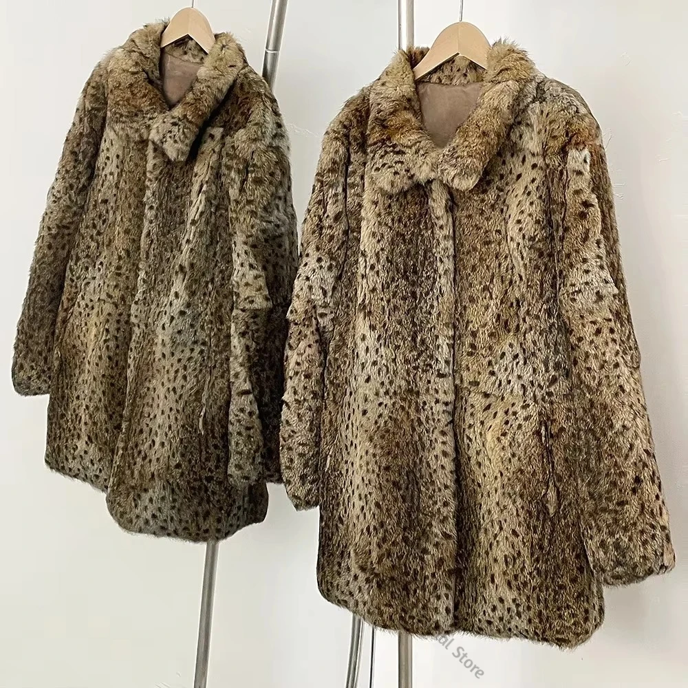 2026 New Autumn Winter Women Fashion Personality Leopard Real Rabbit Fur Jacket Female Warm Medium Length Natural Fur Coat Lady