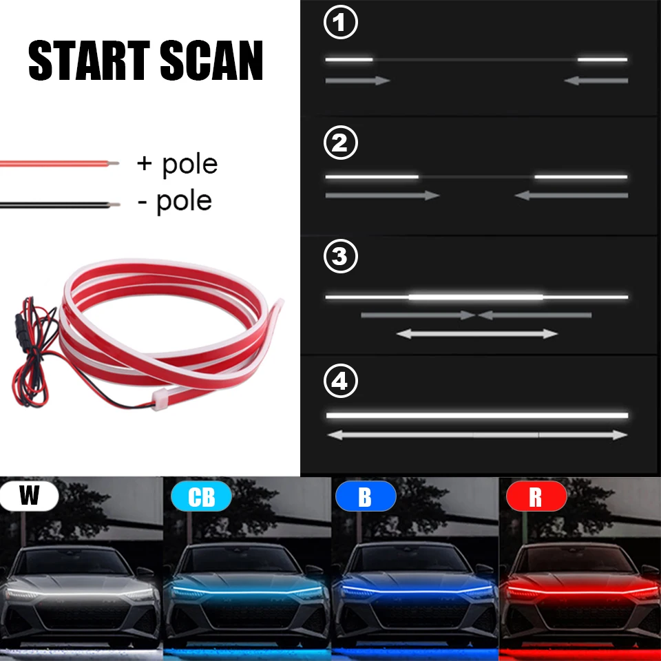 2022 Newest Start Scan Car Hood Light Led Daytime Running Light Tail Auto Dynamic Styling Lamp Guide Thin Strip 12V with Fuse