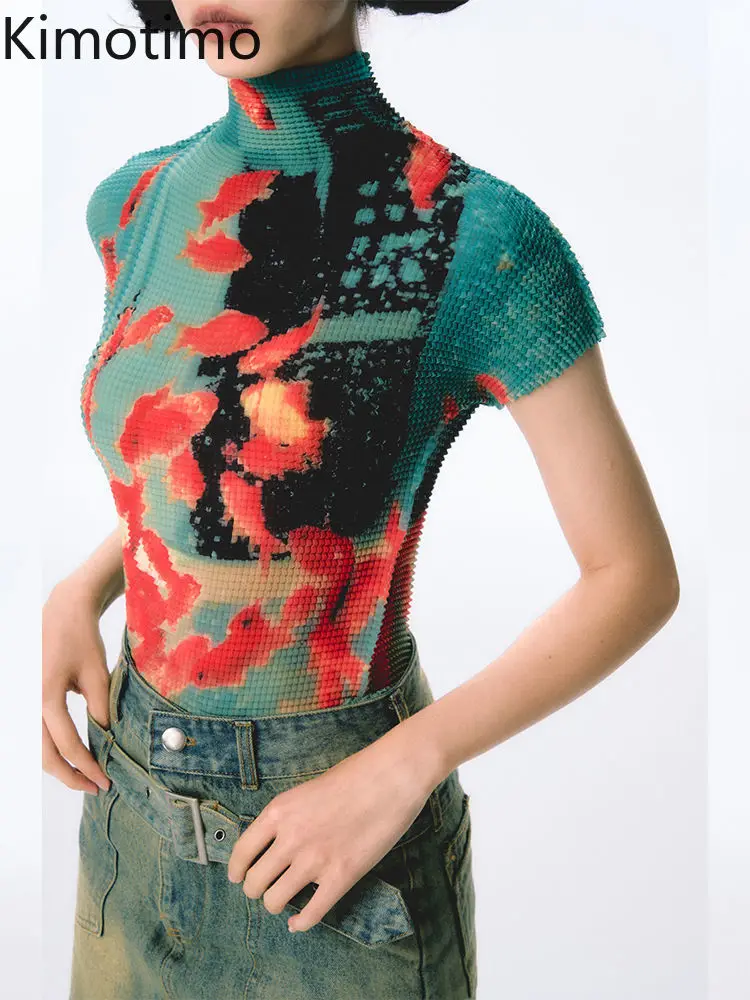 Kimotimo Harajuku Falten Goldfisch Druck T-shirt Frauen Sommer Y2k Ästhetischen Rollkragen Schlank Crop Top Kurzarm Ropa De Mujer