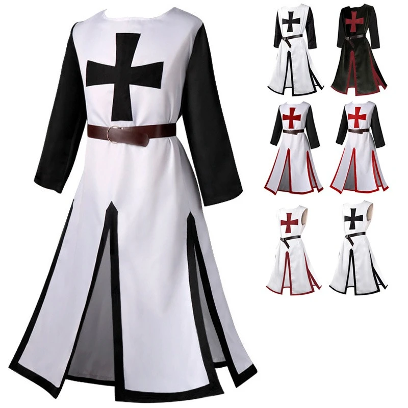 

Halloween Knights Templar Cosplay Costume Unisex Medieval Long Sleeve Robe Stage Performance Vintage Waistcoat Carnival Outfits
