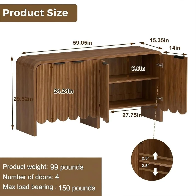 Grooved four-door side cabinet Buffet cabinet Adjustable shelf Anti-tipping thickened wooden board - living room/dining