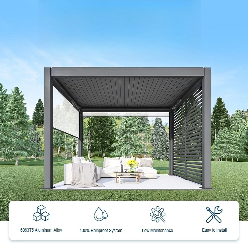 

Роскошная алюминиевая пергола-солярий с моторизованными жалюзи и раздвижными стеклянными панелями – для вилл и частных садов