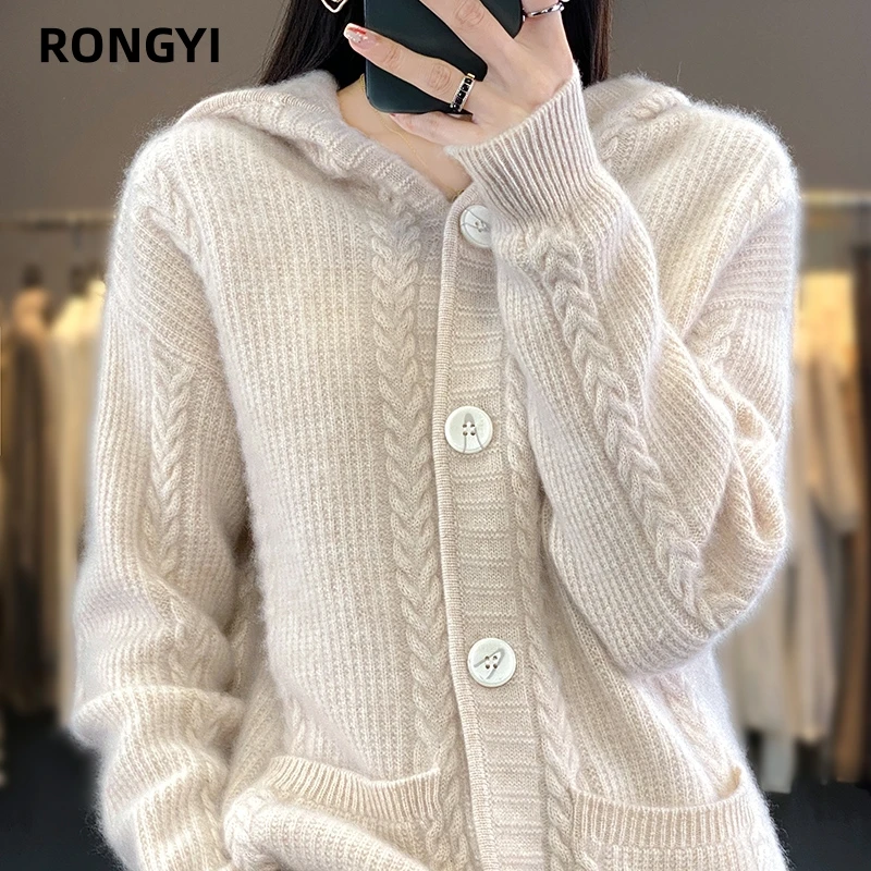 RONGYI 100% Wool Sweater Women\'s Autumn And Winter Long-sleeved Hooded Solid With A Pocket Loose Thick Bottoming Warm Shirt Top