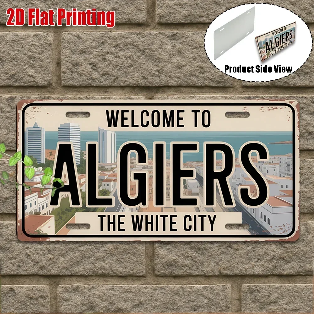 2D Flat,1pc, Vintage Metal Sign, Only for Decoration, Outdoor Wall Art , Welcome to Algiers Sign, The White City Decor