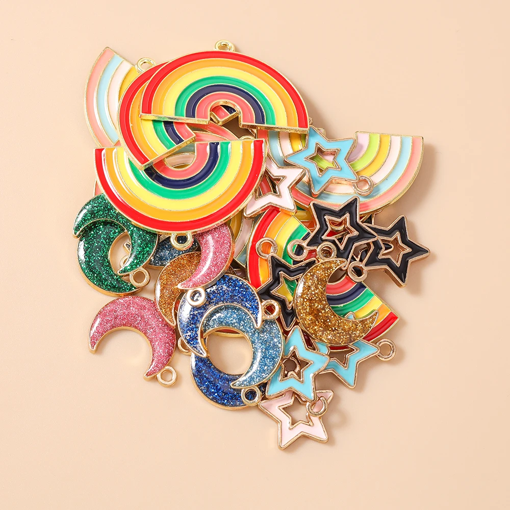 Leslie 10pcs/set Enamel Moon Star Rainbow Charms for Cute Earrings Bracelet Necklace Pendants DIY Jewelry Making Accessories