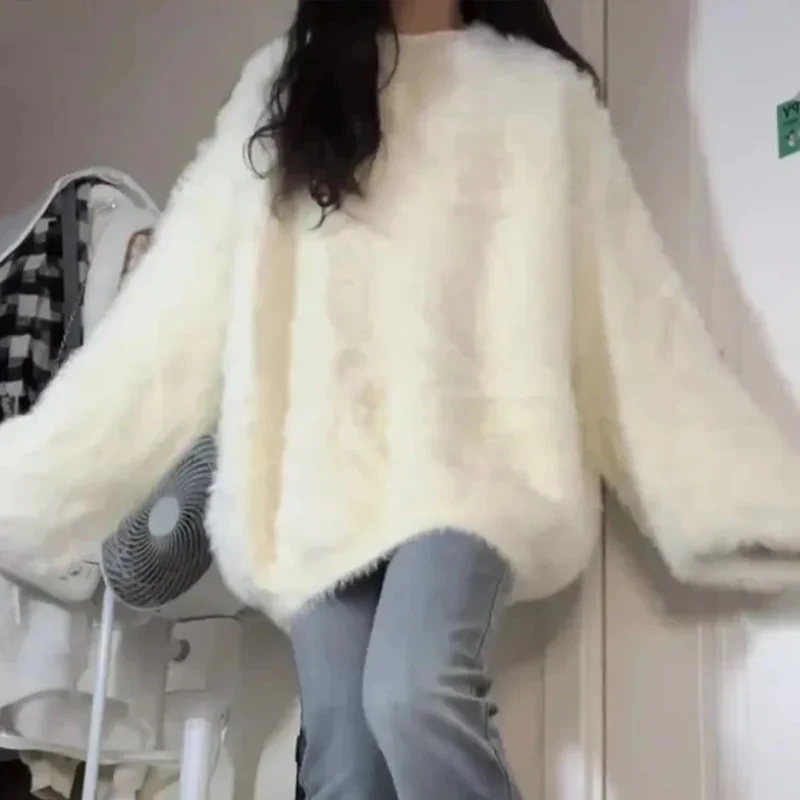 フランスの優しいスタイル模造ミンクフリース白プルオーバーセーター女性のための秋冬ルーズソフトコンフォート暖かいニットトップ