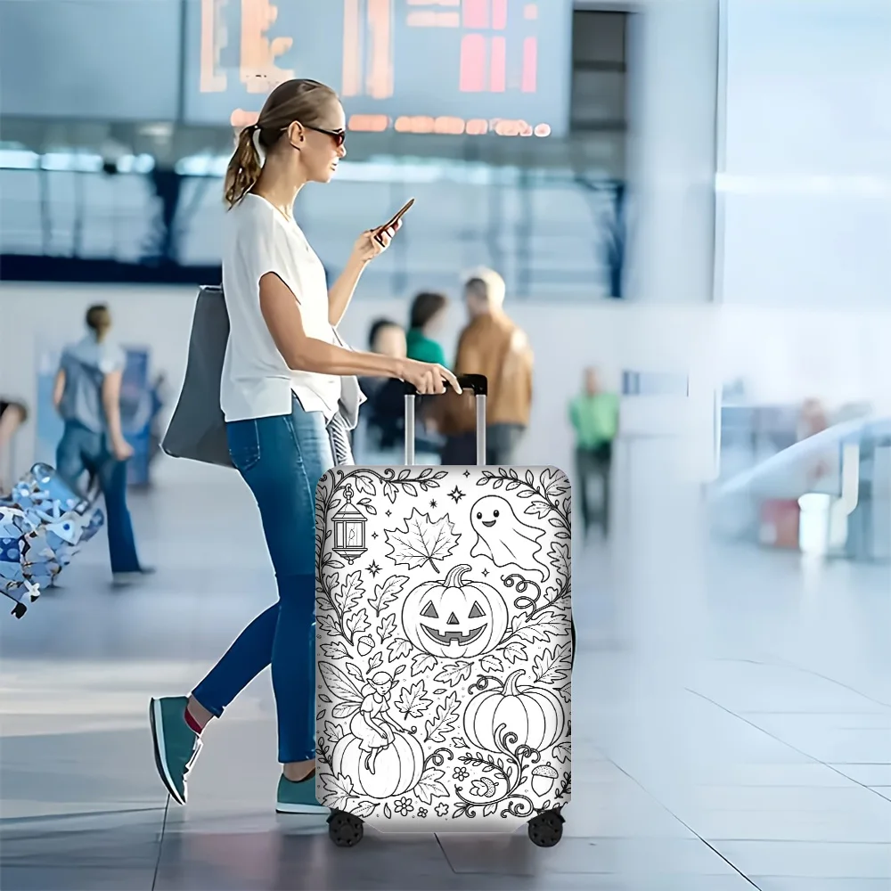 1PC Halloween themed Luggage Cover with Ghost and Pumpkin Print, Manual Doodle Color. Fits luggage sizes 18 – 32 inches; durable