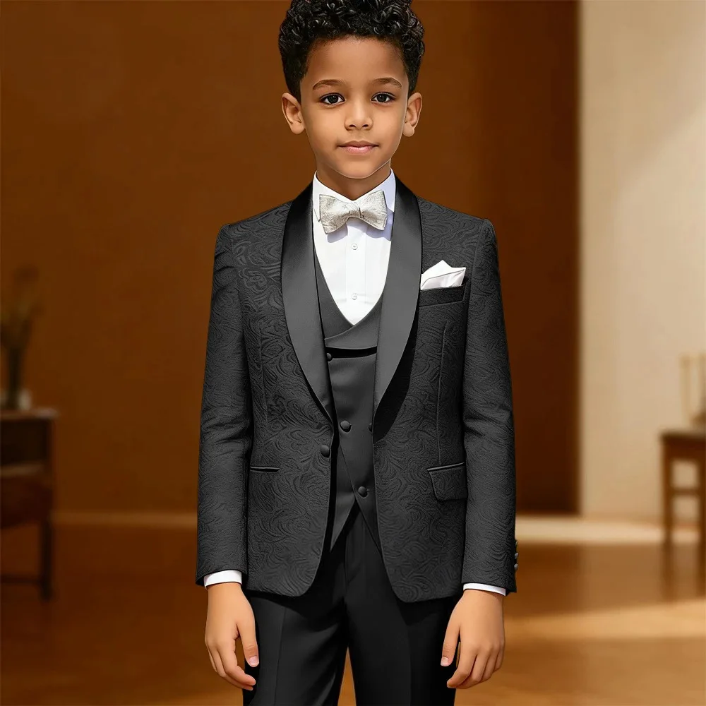 Black Jacquard Boy's Formal 3-Piece Suit Set Including Blazer Vest Pants Smart Kids Tuxedo Suits Dress Wedding Bearer