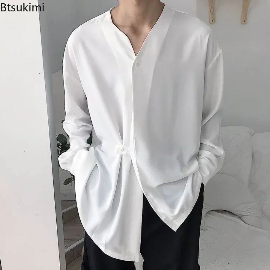 2026 Simple Men Shirt Solid Cardigan Loose Irregular Spring Autumn Male Top for Daily Wear Korean Men Shirts Camisas De Hombre