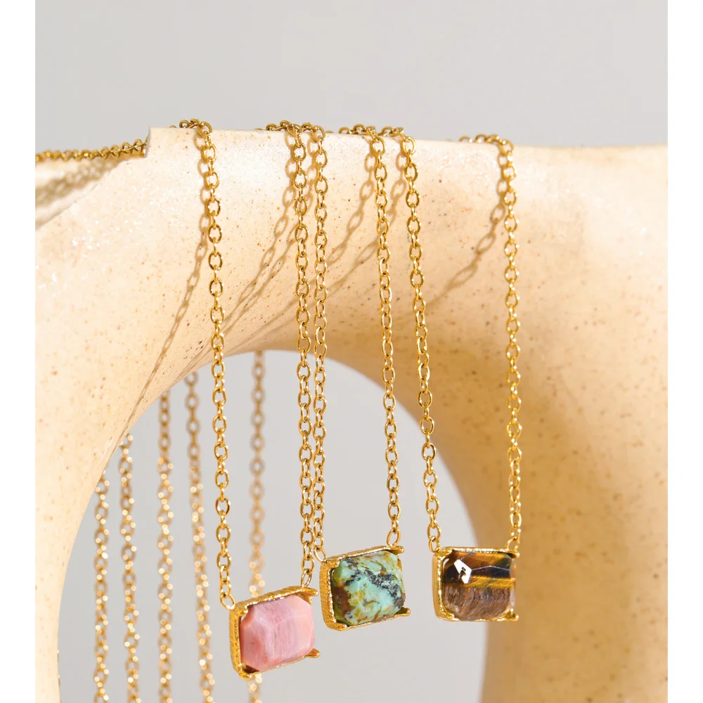 Yhpup Tiger Rhodochrosite African Turquoise Stone Rectangle Pendant Necklace Stainless Steel High Quality Stylish Jewelry