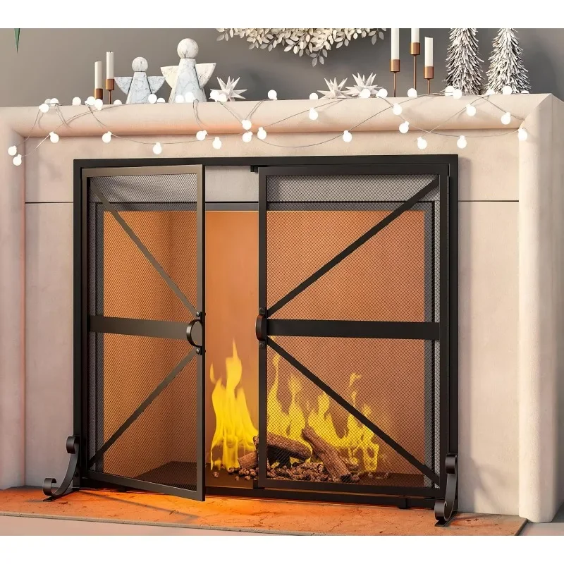 Fireplace Screen with Doors, 2-Pannel Handcrafted Solid Wrought Iron Decorative Mesh,Baby Safe Proof Firewood Burning