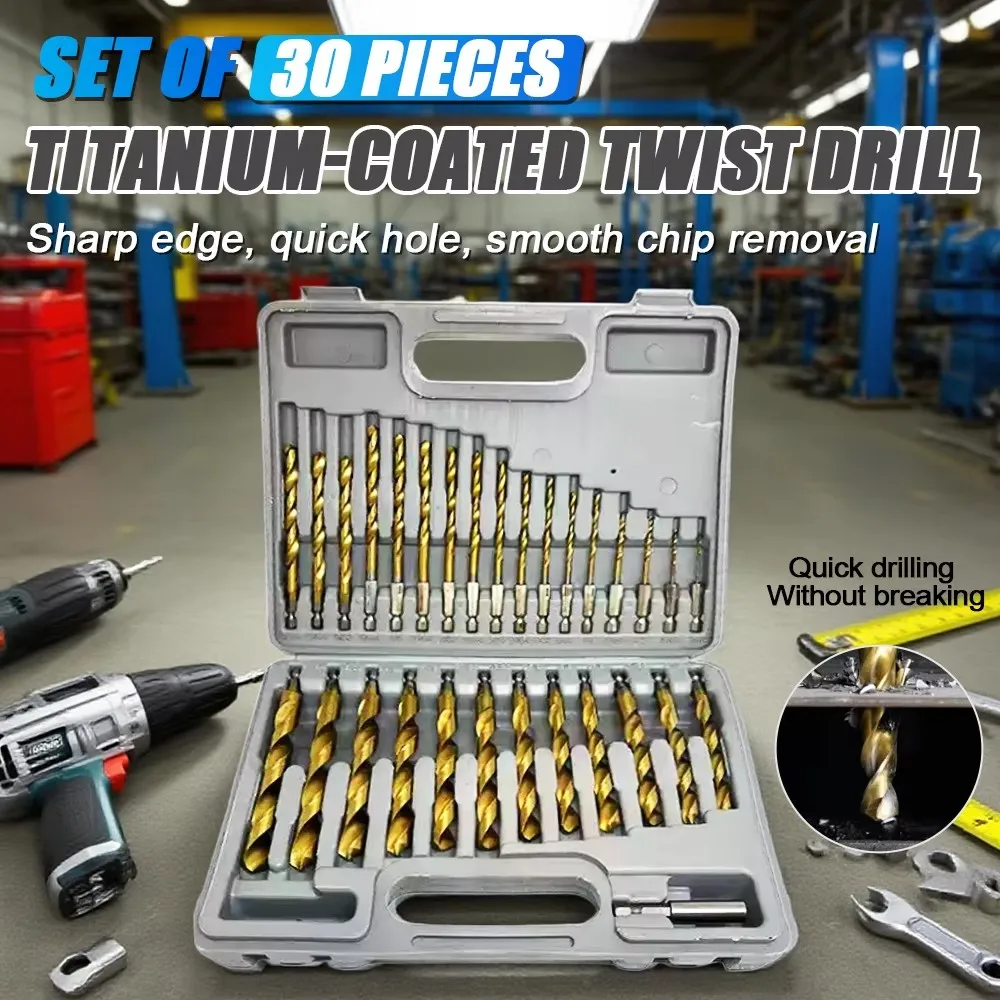 

Mini Twist Drill Bit 30-Piece Set High-Speed Steel Titanium-Coated Imperial Hex Shank Drill Bits Combination Drill Bit Set