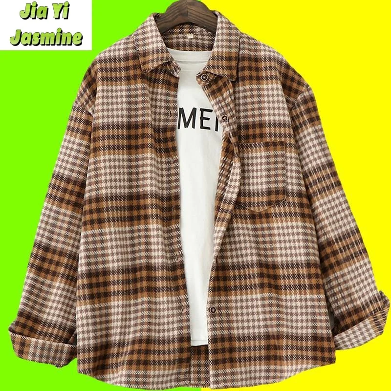 Spring and Autumn New Women's Loose Korean Edition Slimming and Thickened Brushed Plaid Shirt Retro Art Coat