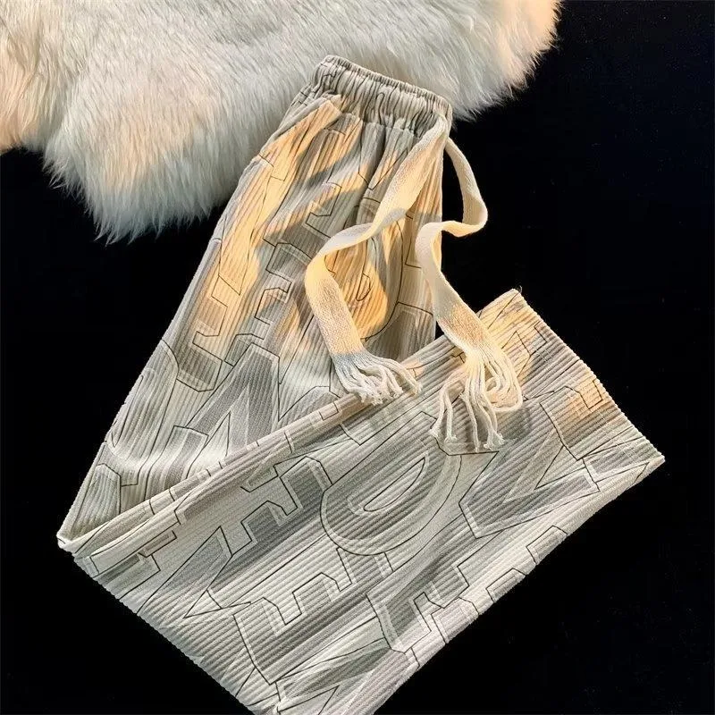 

Retro American Chic Letter Print Loose Fit High Street Vibe Long Wide Leg Pants ex Casual Trousers Polyester Fiber