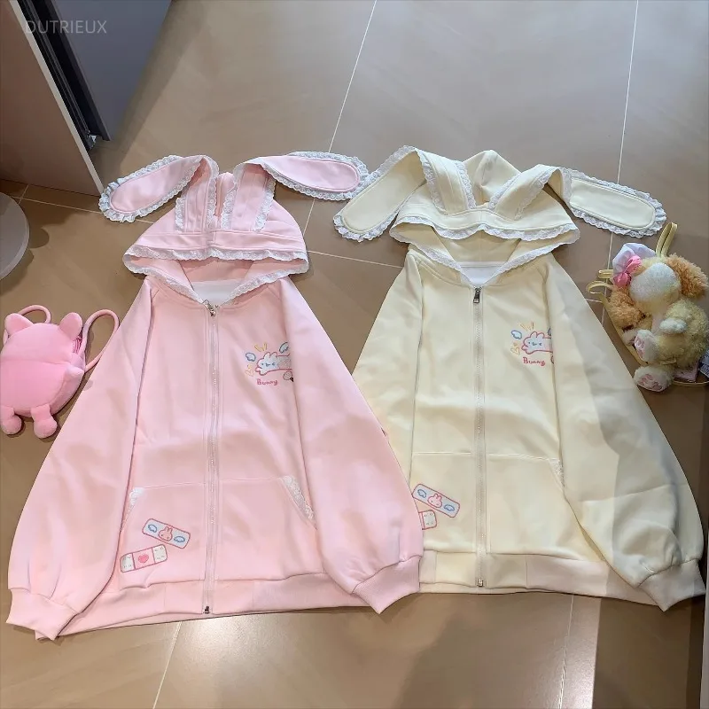 2026 Bunny Print Jacket Y2k Lace Rabbit Ear Outerwears Clothes Woman Japan Cartoon Chaquetas De Mujer Casual Kawaii Jackets