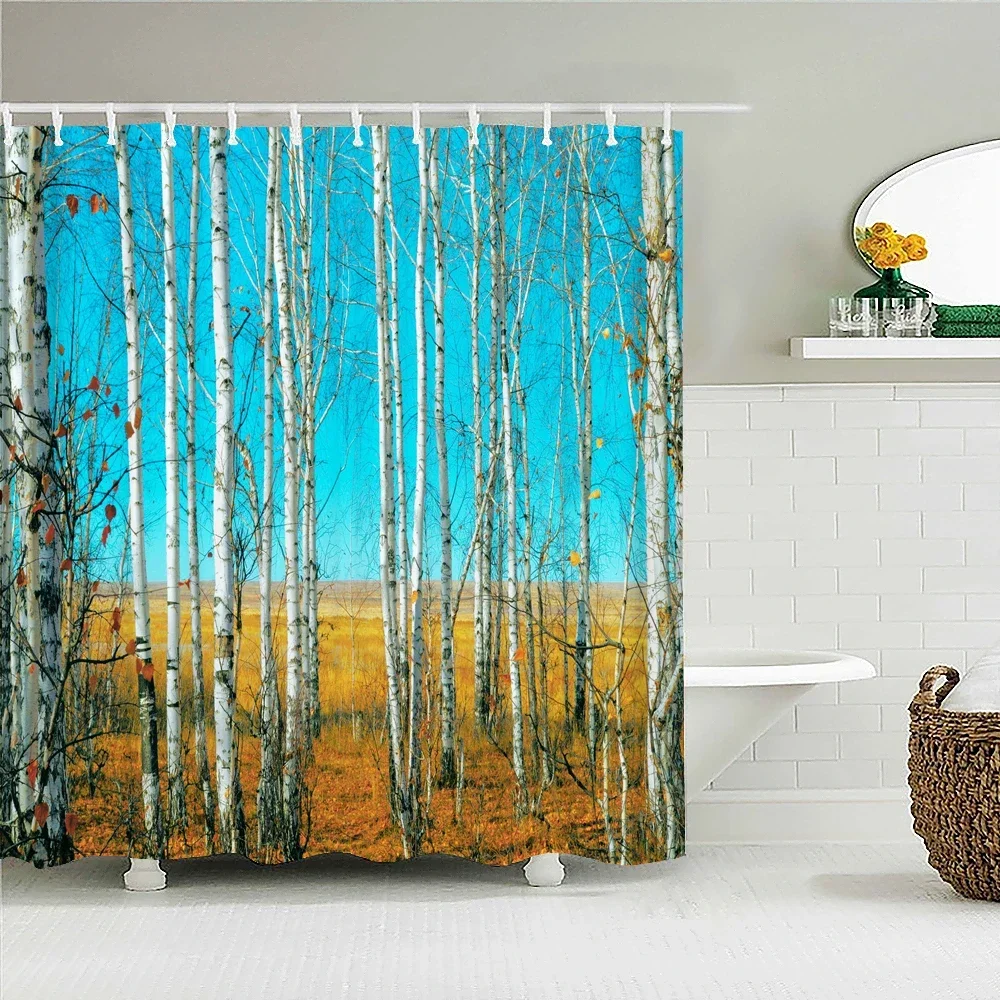 Birch Forest Trees Shower Curtain Natural Landscape Prints Fabric Waterproof Polyester Bathroom Curtains Decoration with Hooks