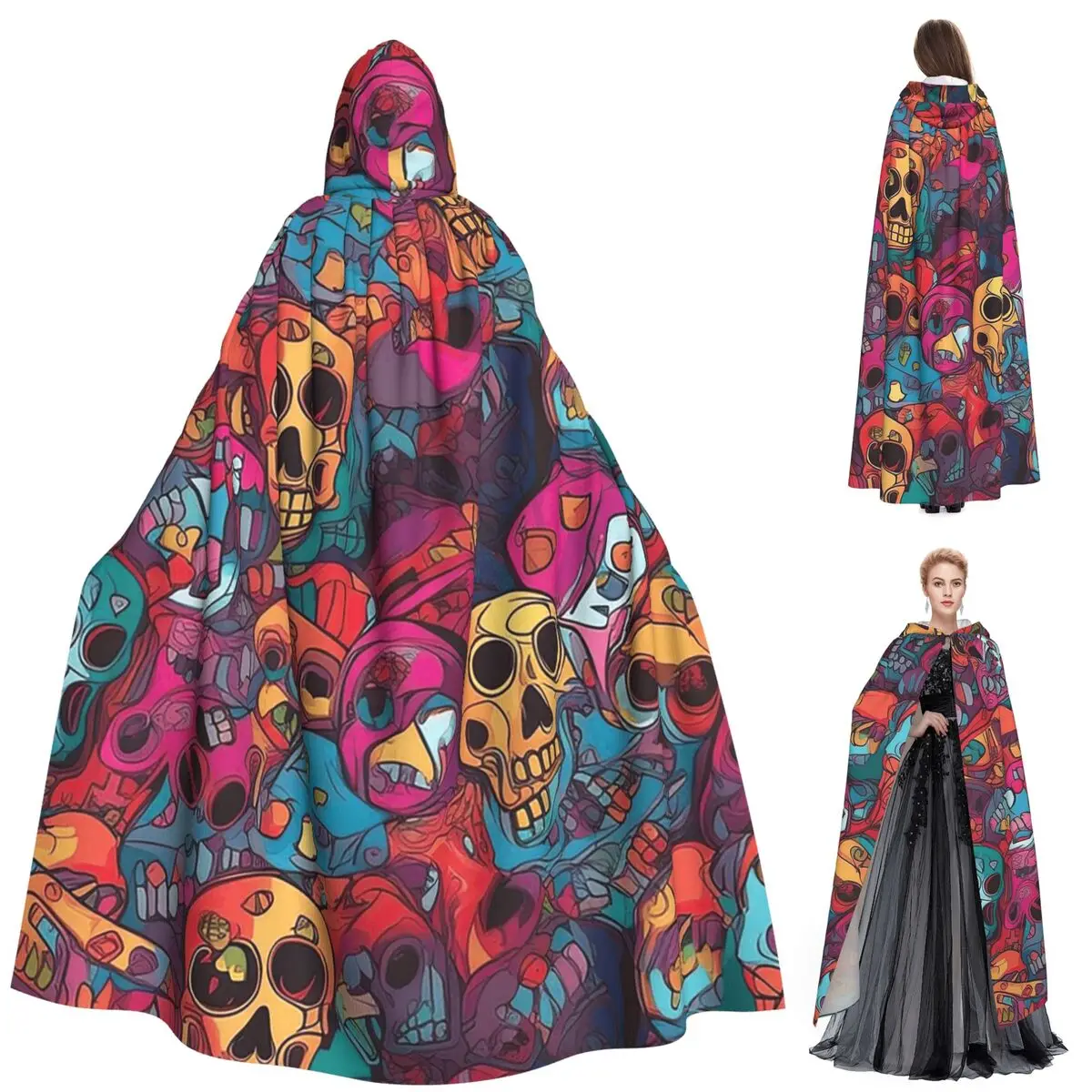 

Длинный плащ с капюшоном и сахарными черепами, средневековый костюм ведьмы, накидка для косплея, накидка на Хэллоуин, вампир, для взрослых, унисекс