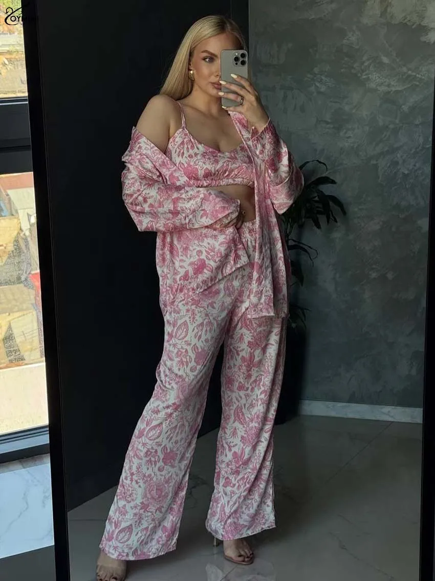 

Oymimi Fashion Pink Print 3 Pieces Set For Woman Elegant Three Quarter Sleeve Button Shirts And Slip Bra + Straight Pants Sets