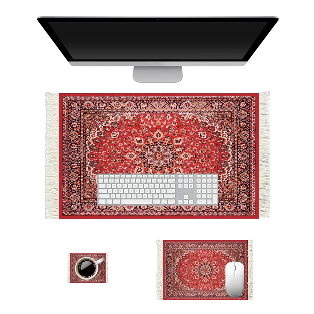 

3-Piece Retro Red Persian Rug Pattern Desk Mat Set with Tassels, Large Extended Non-Slip Keyboard Pad, Matching Mouse Mat & Wate