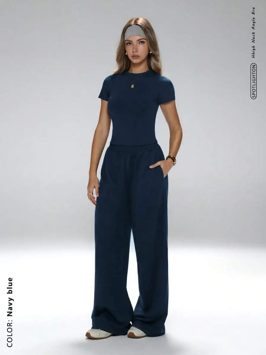 

Blue Two Piece Set: Round Neck Tee & Wide Leg Pants, Relaxed Fit, Breathable Comfort