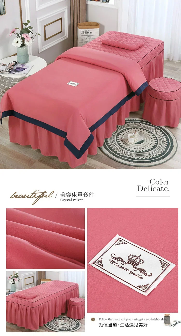 4 Pcs Beauty Bed Cover Set Solid Color Simple European Style for Beauty Salons Bedding Sets Bedskirt with Hole