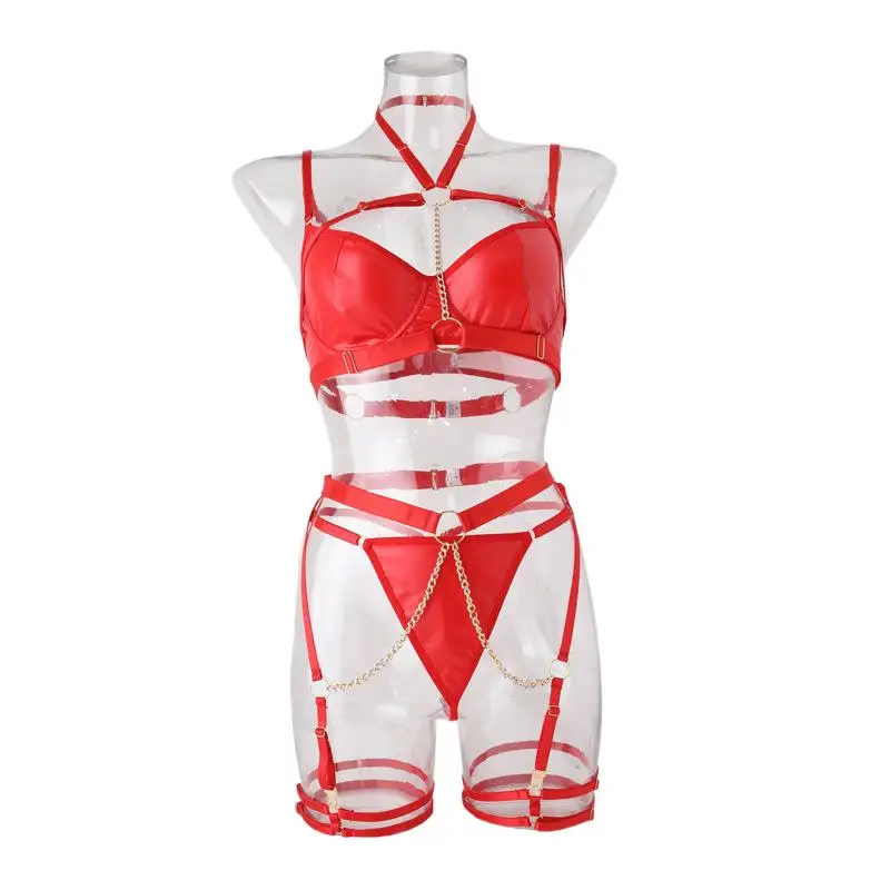 

Faux Leather Lingerie Set Metal Chain Harness Bodysuit Strappy Bra Garter Belt Cut Out Sexy Fetish Costume Conjunto Lenceria