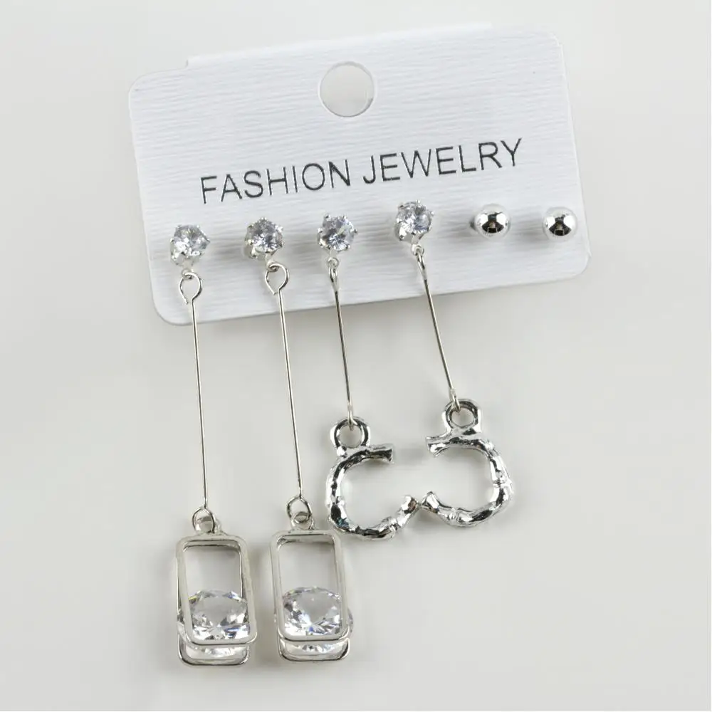 6'lı Square Figured Zircon Cubic Zirconia Metal Earrings