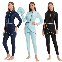 Burkini liso para mujer, traje de baño musulmán, pantalones de manga larga, traje de baño para playa de cuatro piezas, protección solar, novedad de verano