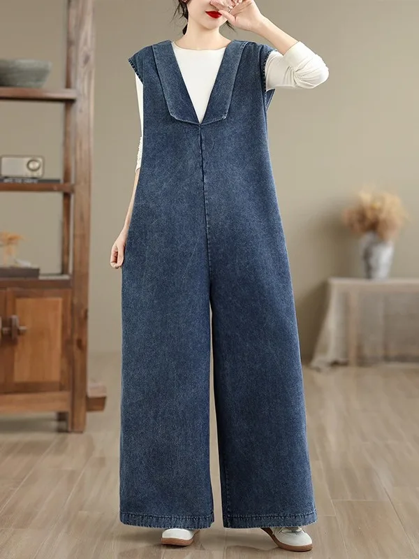 

Весенне-летний длинный джинсовый комбинезон больших размеров для женщин: свободные брюки с широкими штанинами, повседневные, из смесового хлопка и полиэстера