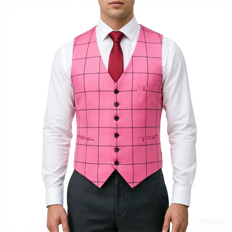 

Новый мужской формальный деловой жилет в розовую клетку, синий/бордовый, модный, европейский размер, приталенный крой.