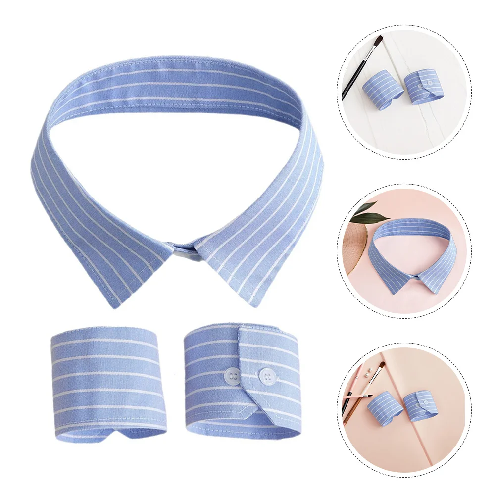 

1Set Detachable Collar Cuff Kit Elegant European Blue Striped Small Stand Collar Pointed Neckline Office Party Formal Events