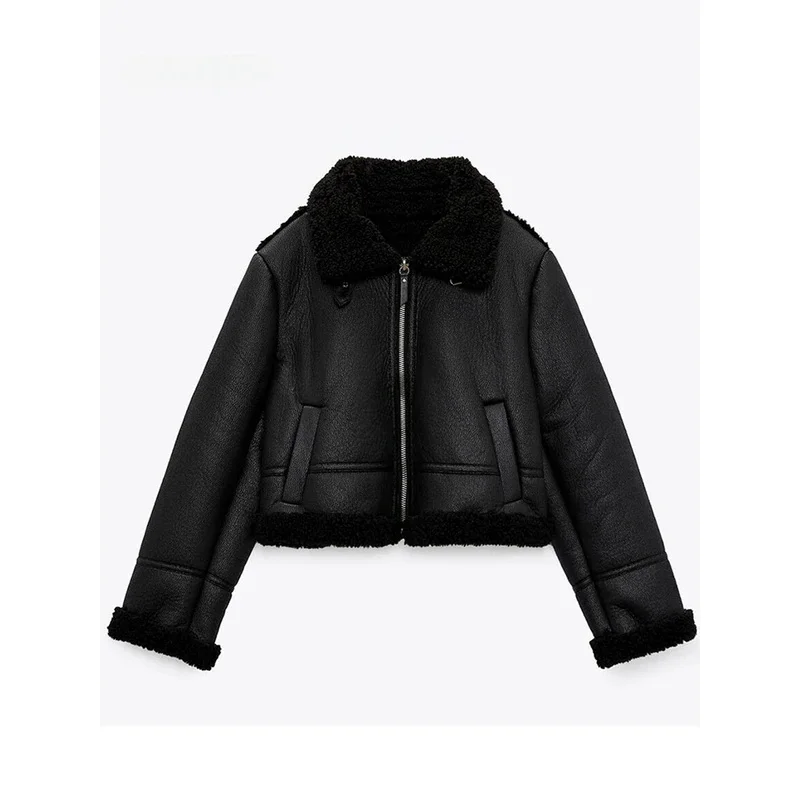 New winter women lambs faux leather splicing short jacket female oversize snow coat lamb PU leather thick warm outwear