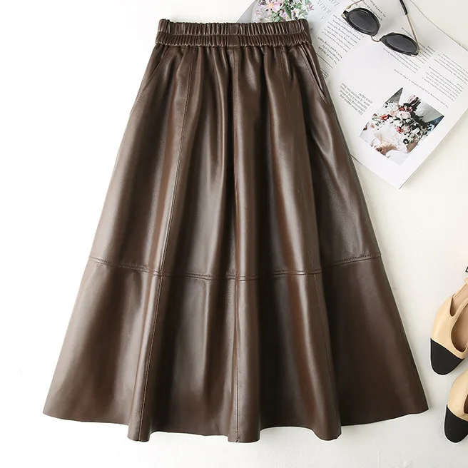 

2023 Women New Genuine Leather Skirt Versatile Elastic Waist Long Sheepskin Umbrella Skirt E61