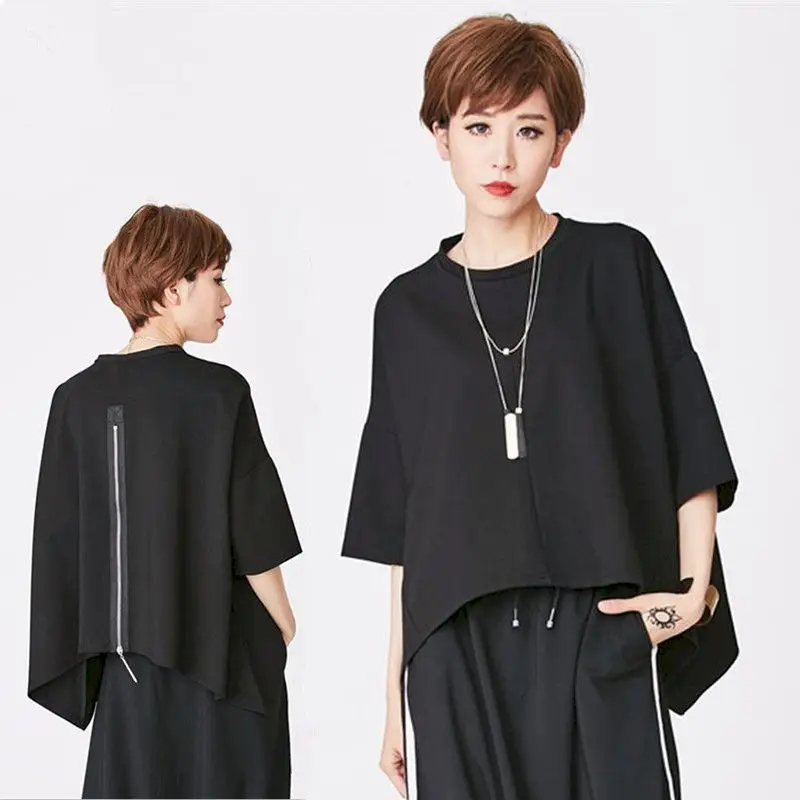 

Fashion Design Bata Shirt for Women Short Sleeved Loose Oversized Tailcoat T-shirt Summer Trend Tops Zipper Decorative Tshirt