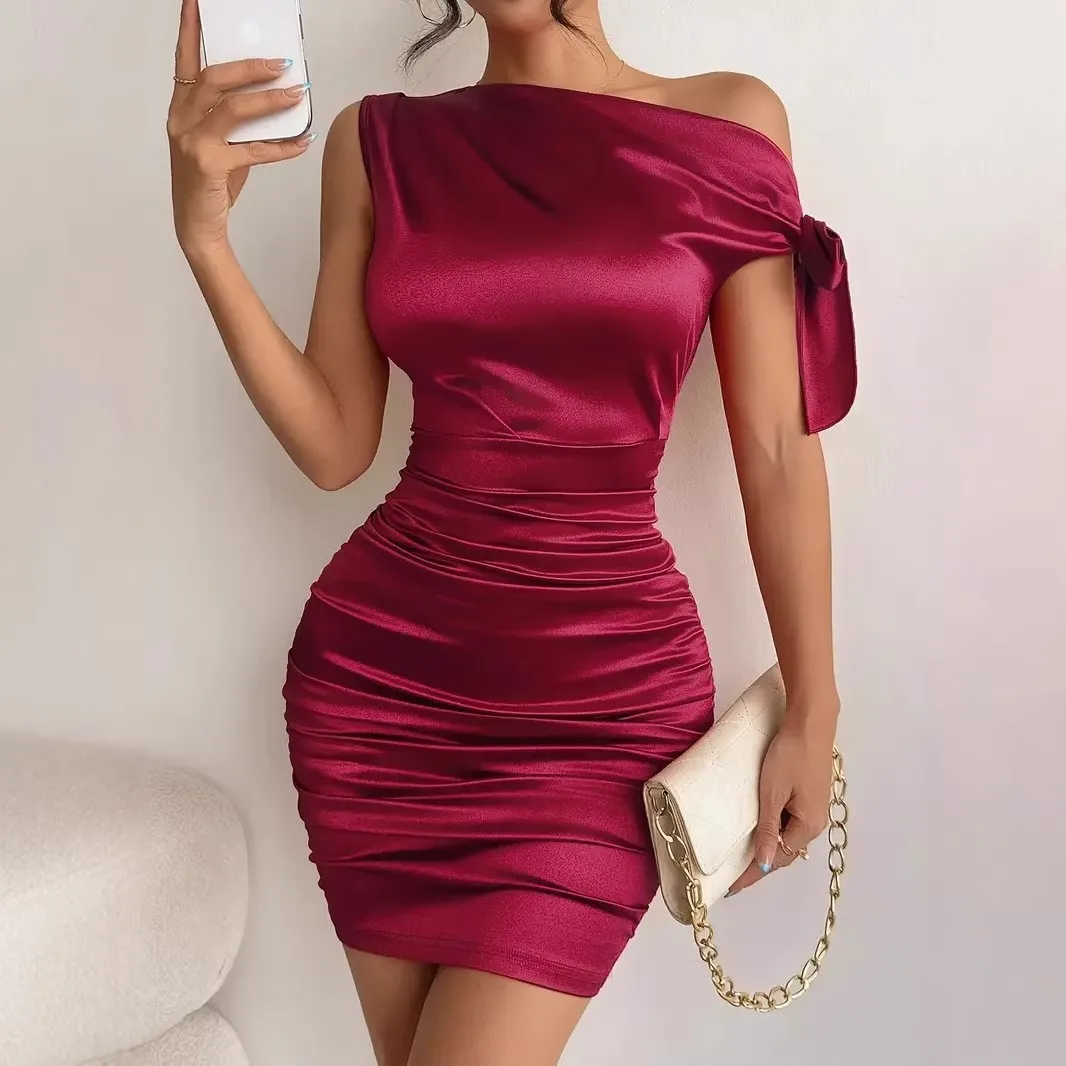 Oblique Neck Asymmetrical Hem Gown Bodycon Elegant Dress Summer for Women with Off Shoulder Slim Fit Midi Waist Daily Spring
