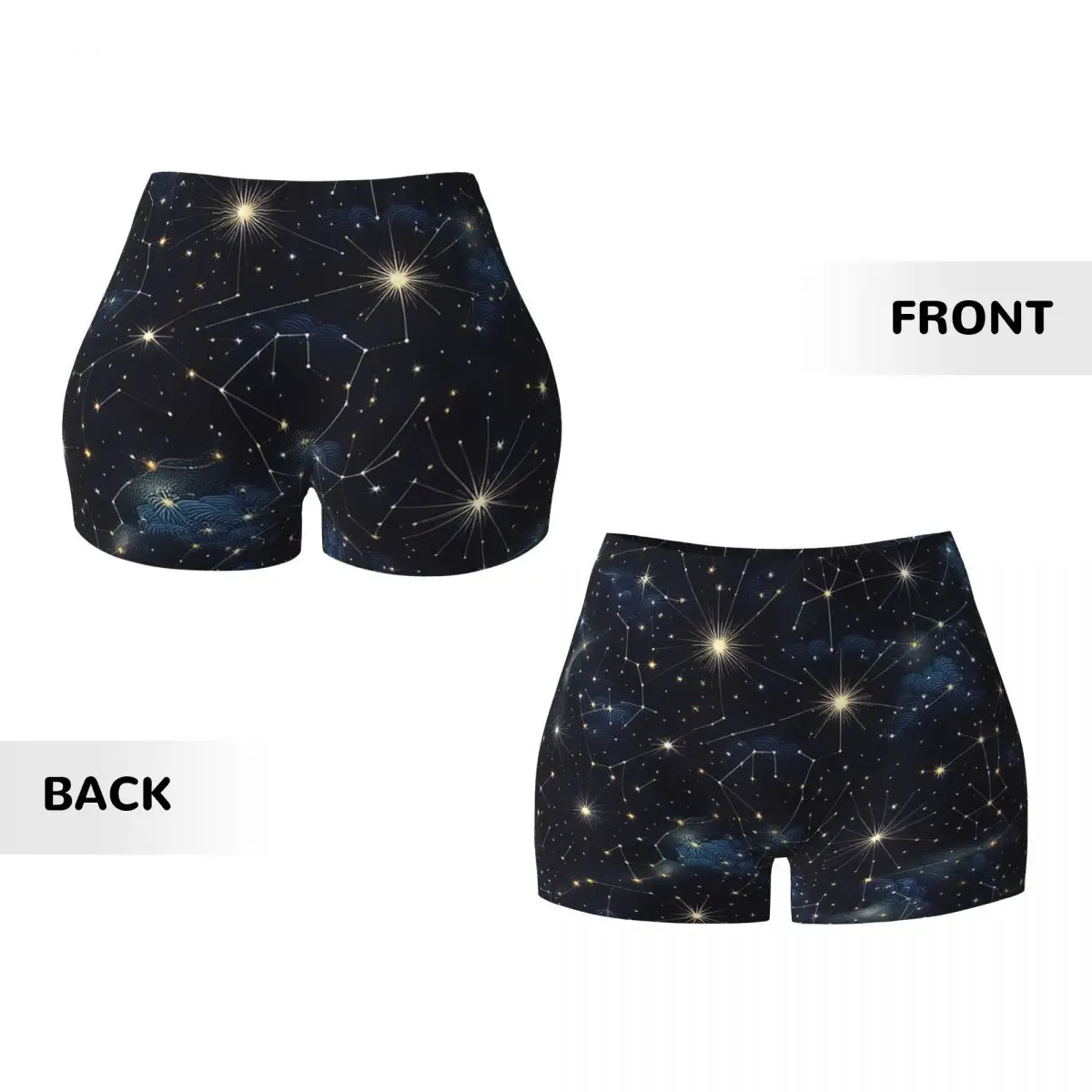 Pantalones cortos de Yoga personalizados para mujer, cielo nocturno, estrellas celestiales doradas, constelaciones del zodiaco, entrenamiento de gimnasio, correr, pantalones cortos atléticos de voleibol