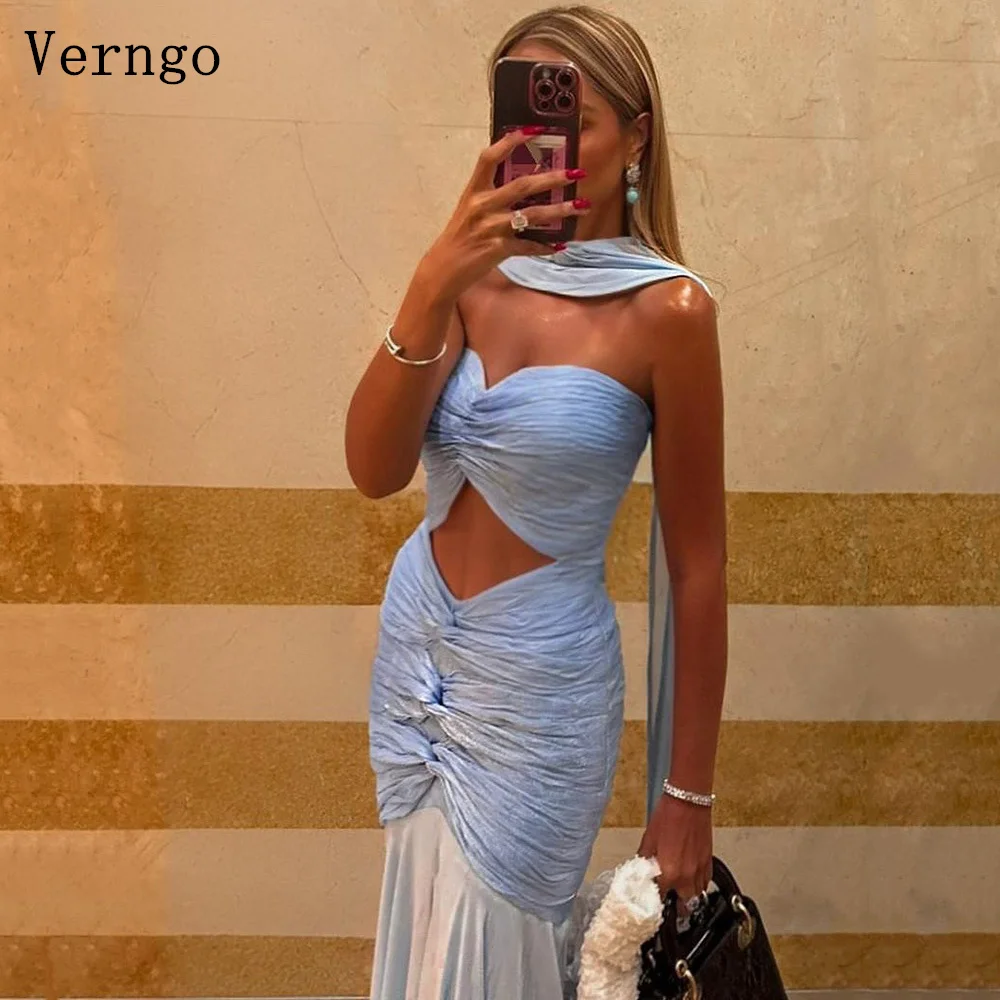 

Verngo Elegant Shiny Satin Blue Evening Dress Sweetheart Mermaid Cut Out Prom Gowns Scarf Saudi Arabic Party Dress Customized