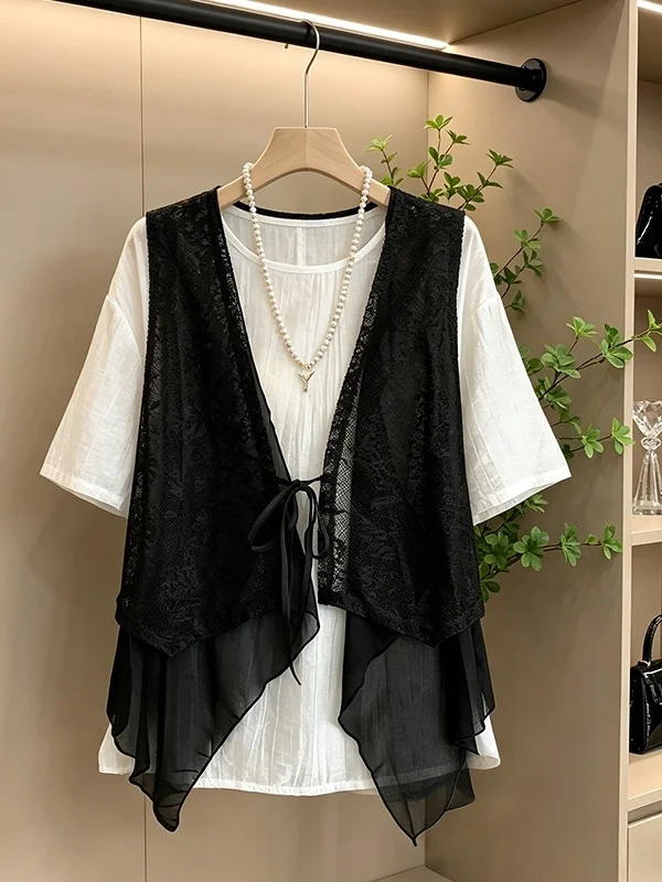 

plus Size Women's Fashionable Summer Outfit Loose Slimming Two-Piece Set Simple Design Casual Comfortable Office-Worthy