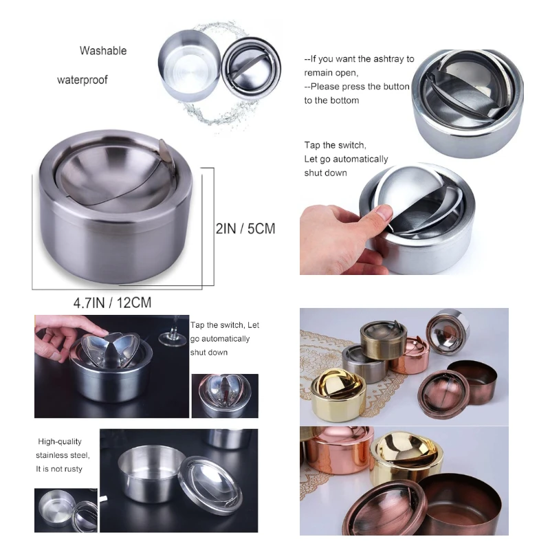 

Silver Lidded, Flip-top Stainless Steel Ashtray, Windproof Metal Ashtray, Suitable for Indoor or Outdoor Use, Office Desk, Patio