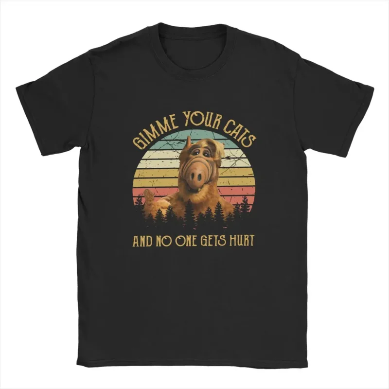 

Vintage Gimme Your Cats Alf 80s Cartoon graphic t shirt Retro Style TV Show Alien Life Form Short Sleeve T Shirt Tops Gift Idea
