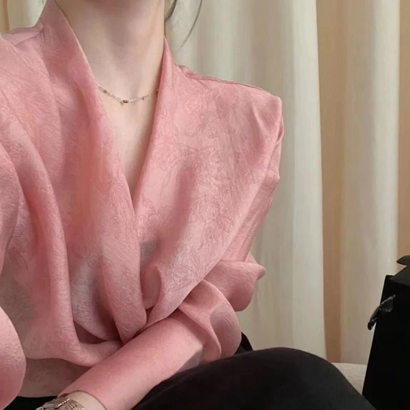 Belly cover shirt pink v-neck strap waist shirt beautiful fashion high-end shirt summer