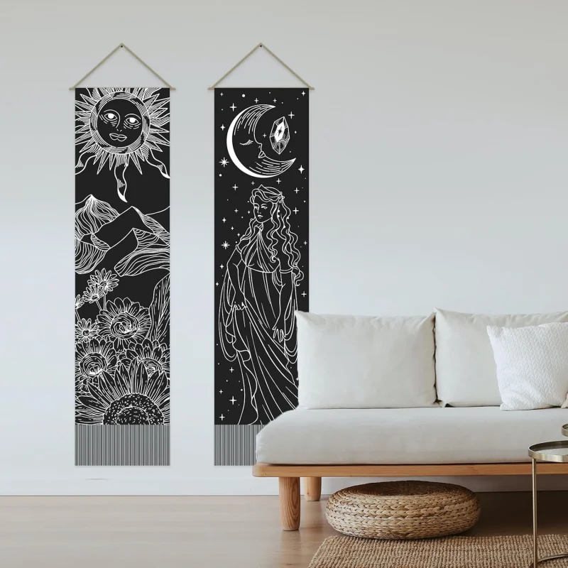 VIKAMA Sun, Moon, and Stars Double Tapestry Sun, Moon,and Zodiac Elements Bedroom,Living Room, and Entryway Decorative Backdrop