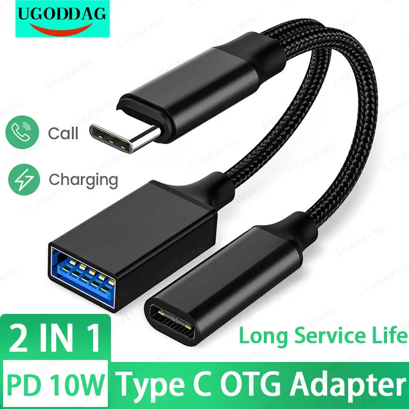 USB C OTG Cable Phone Adapter 2 in 1 Type C to USB A Adapter with PD Charging Port for Samsung Huawei Xiaomi Phone Laptop Tablet